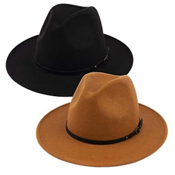 Fashionable 2 Pack Fedora Hats for Women - Wide Brim Style (Black + Khaki)