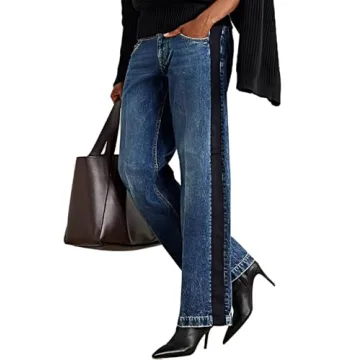 Flamingals Women's Straight Leg Jeans Mid Rise Wash Trendy Casual Boot Cut Denim Navy Blue L