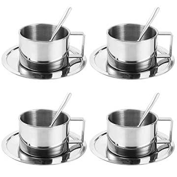ZENFUN 4 Pack 6.8 oz Coffee Cups Set - Stainless Steel Espresso Mugs with Saucer
