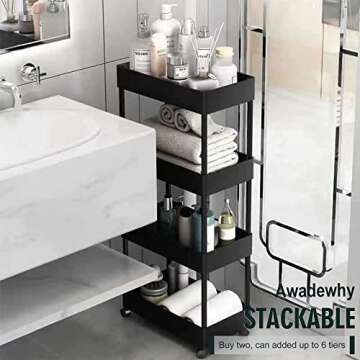 AwadeWhy 3 Tier Rolling Cart, Utility Stoarge Bar Cart - Black Mini Narrow Kitchen Shelves with 4 Wheels, Multifunctional Metal Organization for Office, Bedroom, Bathroom, Laundry Room