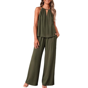 BTFBM Women's Cotton Linen Lounge Set - Two Piece Sleeveless Halter Top & Wide Leg Pants Casual Outf...
