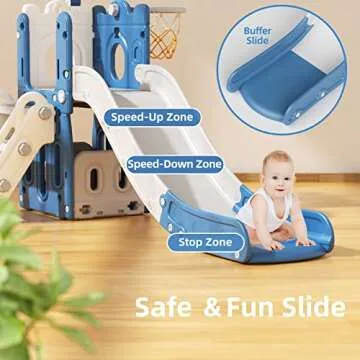 YUFU 6 in 1 Toddler Slide, Kids Climber Slide with Basketball Hoop and Ball, Indoor Outdoor Playset for Toddlers Age 1-3 (Blue Gray)