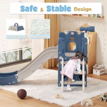 YUFU 6 in 1 Toddler Slide, Kids Climber Slide with Basketball Hoop and Ball, Indoor Outdoor Playset for Toddlers Age 1-3 (Blue Gray)