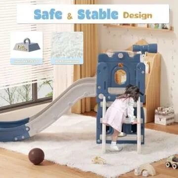 YUFU 6 in 1 Toddler Slide, Kids Climber Slide with Basketball Hoop and Ball, Indoor Outdoor Playset for Toddlers Age 1-3 (Blue Gray)