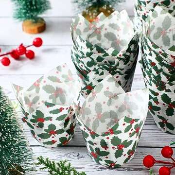 Uiifan 200 Pcs Holly Christmas Tulip Cupcake Liners Christmas Cupcake Wrappers Holly Muffin Liners H...