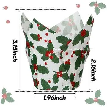 Uiifan 200 Pcs Holly Christmas Tulip Cupcake Liners Christmas Cupcake Wrappers Holly Muffin Liners Holders Tulip Cupcake Wrappers for Christmas Party Decoration