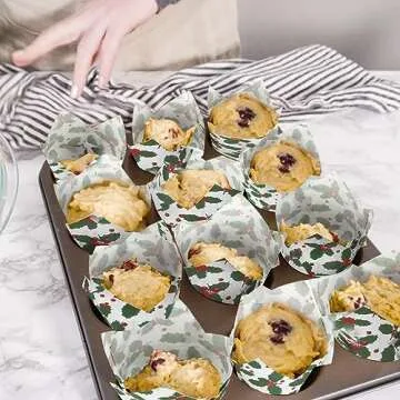 Uiifan 200 Pcs Holly Christmas Tulip Cupcake Liners Christmas Cupcake Wrappers Holly Muffin Liners Holders Tulip Cupcake Wrappers for Christmas Party Decoration