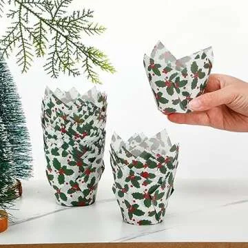 Uiifan 200 Pcs Holly Christmas Tulip Cupcake Liners Christmas Cupcake Wrappers Holly Muffin Liners Holders Tulip Cupcake Wrappers for Christmas Party Decoration