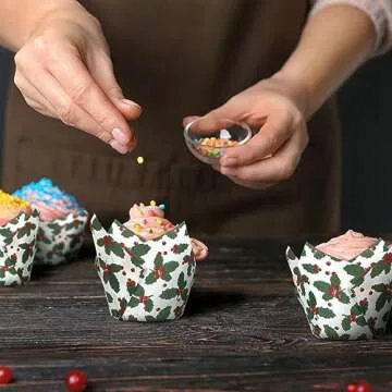 Uiifan 200 Pcs Holly Christmas Tulip Cupcake Liners Christmas Cupcake Wrappers Holly Muffin Liners Holders Tulip Cupcake Wrappers for Christmas Party Decoration