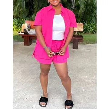 APAFES Women Summer Cotton Linen Short Sets 2 Piece Shorts Top Lounge Beach Vacation Two Piece Outfits Tracksuits(762-RoseRed-M)