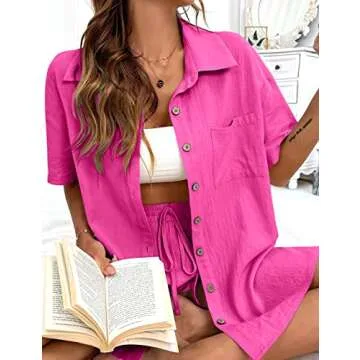 APAFES Women Summer Cotton Linen Short Sets 2 Piece Shorts Top Lounge Beach Vacation Two Piece Outfits Tracksuits(762-RoseRed-M)