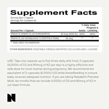 Needed. Expertly-Formulated Prenatal Vitamin D3/K2 | for Fertility, Pregnancy Breastfeeding, and Postpartum, Healthy Immunity and Bone Development, Supports Breast Milk Vitamin D Levels | 60 Capsules