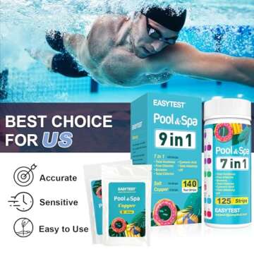 EASYTEST 9-Way Pool Test Strips, 140 Strips for Hot tub and Spa, Accurate Testing pH, Total Chlorine, Free Chlorine, Bromine, Alkalinity, Total Hardness, Cyanuric Acid, Salt and Copper
