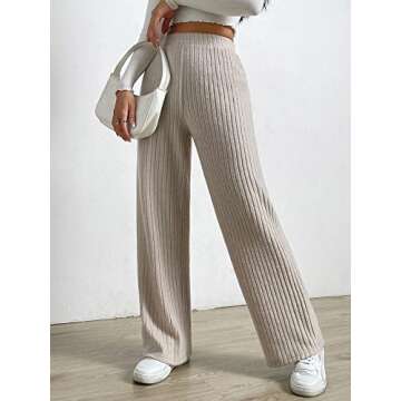 SOLY HUX Women's Casual Elastic High Waisted Knit Wide Leg Loose Long Lounge Pants Trousers Pure Apricot L