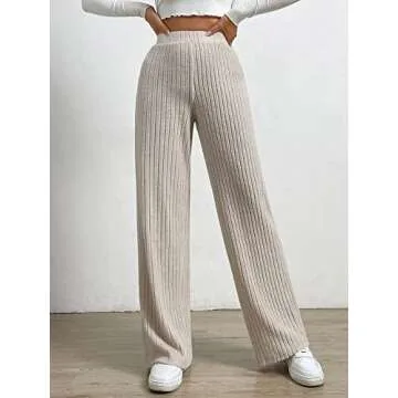 SOLY HUX Women's Casual Elastic High Waisted Knit Wide Leg Loose Long Lounge Pants Trousers Pure Apricot L