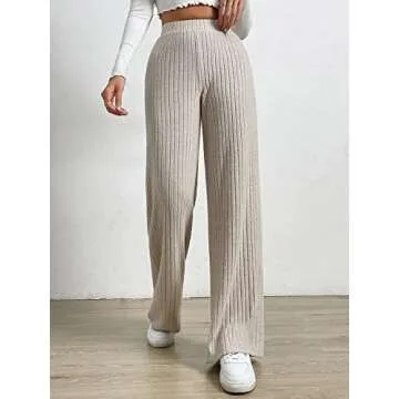 SOLY HUX Women's Casual Elastic High Waisted Knit Wide Leg Loose Long Lounge Pants Trousers Pure Apricot L
