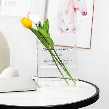 Thingrific Book Vase for Flowers, Acrylic Book Flower Vase Room Decor Aesthetic, Unique Clear Book Shaped Flower Vases for Home/Office/Living Room/Wedding Decoration, Book Lovers, A Book About Flowers