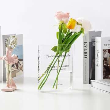 Thingrific Book Vase for Flowers, Acrylic Book Flower Vase Room Decor Aesthetic, Unique Clear Book Shaped Flower Vases for Home/Office/Living Room/Wedding Decoration, Book Lovers, A Book About Flowers