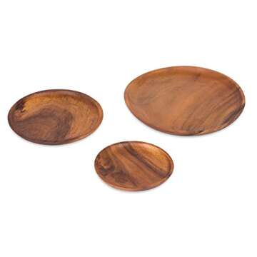 BIRDROCK HOME Acacia Wood Round Plates - Set of 3 - Hand Carved Acacia Wood Dish - Food Safe Server ...