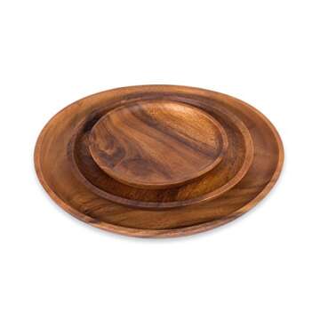 BIRDROCK HOME Acacia Wood Round Plates - Set of 3 - Hand Carved Acacia Wood Dish - Food Safe Server - Small Medium Large Plate - Natural Wooden Eco Dinnerware - Brown