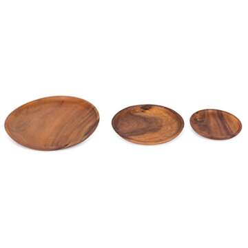 BIRDROCK HOME Acacia Wood Round Plates - Set of 3 - Hand Carved Acacia Wood Dish - Food Safe Server - Small Medium Large Plate - Natural Wooden Eco Dinnerware - Brown