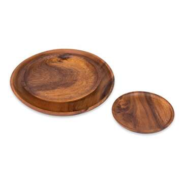 BIRDROCK HOME Acacia Wood Round Plates - Set of 3 - Hand Carved Acacia Wood Dish - Food Safe Server - Small Medium Large Plate - Natural Wooden Eco Dinnerware - Brown