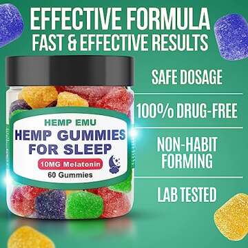 Hemp Emu Hemp Gummies for Sleep - Fall Asleep Faster, Stay Asleep Longer - 10mg Melatonin + Premium Hemp Extract, 2 Gummies Per Serving - 60 Count Fruit Flavored Gummies