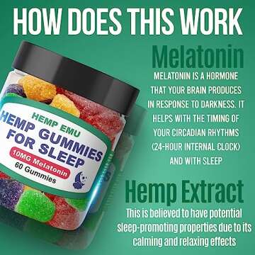 Hemp Emu Hemp Gummies for Sleep - Fall Asleep Faster, Stay Asleep Longer - 10mg Melatonin + Premium Hemp Extract, 2 Gummies Per Serving - 60 Count Fruit Flavored Gummies