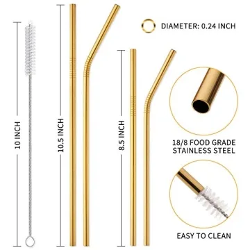 Hiware Gold Stainless Steel Straws - 12-Pack Eco-Friendly