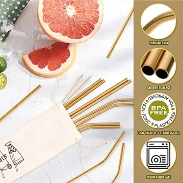 Hiware Gold Stainless Steel Straws - 12-Pack Eco-Friendly