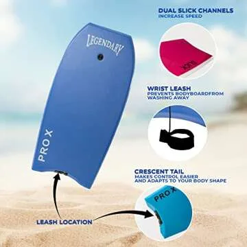 Bodyboard for Beach with Hard Slick Bottom, Boogie Boards for Kids & Adults, Legendary Pro X Heat Sealed with EPS Core, Leash (37'', Dark Blue/ Orange)