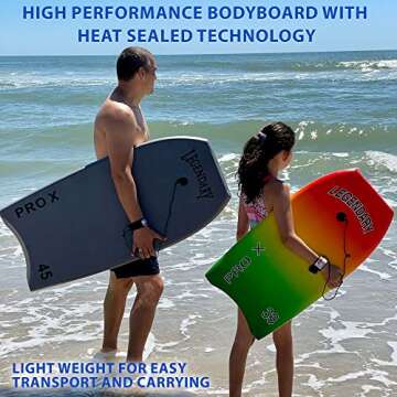 Bodyboard for Beach with Hard Slick Bottom, Boogie Boards for Kids & Adults, Legendary Pro X Heat Sealed with EPS Core, Leash (37'', Dark Blue/ Orange)