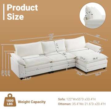 VINGLI 122" Cloud White/Cream Convertible Sectional Sofa, Comfy L-Shape Extra Deep Seat Sofa Couch f...