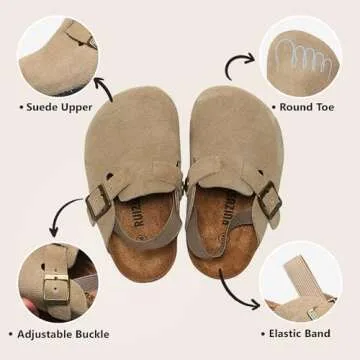 East Bajia Suede Clogs for Girls and Boys Toddler Slippers Slip-on Kids Shoes Indoor Outdoor Cute Sandals Classic Cork Adjustable Buckle(10-11 Little Kids,Apricot)