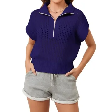 Ymejia Womens Oversized Hollow Out Sweater Vest Quarter Zip Cap Short Sleeve Lapel Casual Crochet Kn...