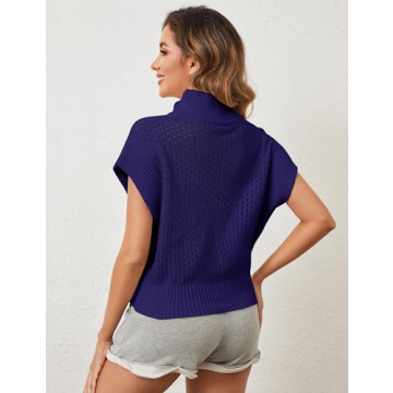 Ymejia Womens Oversized Hollow Out Sweater Vest Quarter Zip Cap Short Sleeve Lapel Casual Crochet Knit Fall Sweaters Navy