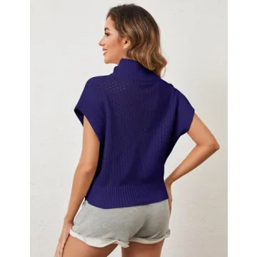 Ymejia Womens Oversized Hollow Out Sweater Vest Quarter Zip Cap Short Sleeve Lapel Casual Crochet Knit Fall Sweaters Navy