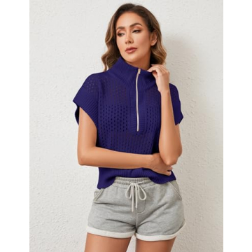 Ymejia Womens Oversized Hollow Out Sweater Vest Quarter Zip Cap Short Sleeve Lapel Casual Crochet Knit Fall Sweaters Navy