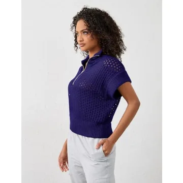 Ymejia Womens Oversized Hollow Out Sweater Vest Quarter Zip Cap Short Sleeve Lapel Casual Crochet Knit Fall Sweaters Navy