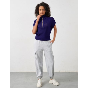 Ymejia Womens Oversized Hollow Out Sweater Vest Quarter Zip Cap Short Sleeve Lapel Casual Crochet Knit Fall Sweaters Navy