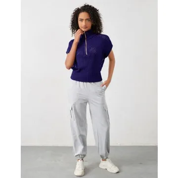 Ymejia Womens Oversized Hollow Out Sweater Vest Quarter Zip Cap Short Sleeve Lapel Casual Crochet Knit Fall Sweaters Navy