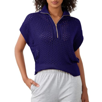 Ymejia Womens Oversized Hollow Out Sweater Vest Quarter Zip Cap Short Sleeve Lapel Casual Crochet Knit Fall Sweaters Navy
