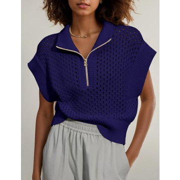 Ymejia Womens Oversized Hollow Out Sweater Vest Quarter Zip Cap Short Sleeve Lapel Casual Crochet Knit Fall Sweaters Navy