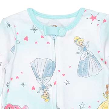 Disney Princess Belle Cinderella Ariel Infant Baby Girls 2 Pack Zip Up Snap Sleep N' Play Coveralls Blue/White 18 Months
