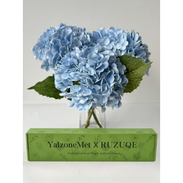 YalzoneMet Real Touch Hydrangea Artificial Flowers 3 Pcs 21 inches Light Blue Natural Lifelike Latex...