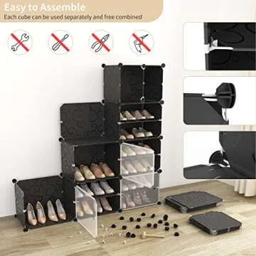 Portable Shoe Rack Organizer with Door, 48 Pairs Shoe Storage Cabinet Easy Assembly, Plastic Adjustable Stackable Detachable Free Standing DIY Expandable 8 Tier Black