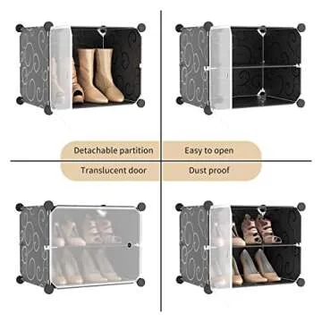 Portable Shoe Rack Organizer with Door, 48 Pairs Shoe Storage Cabinet Easy Assembly, Plastic Adjustable Stackable Detachable Free Standing DIY Expandable 8 Tier Black