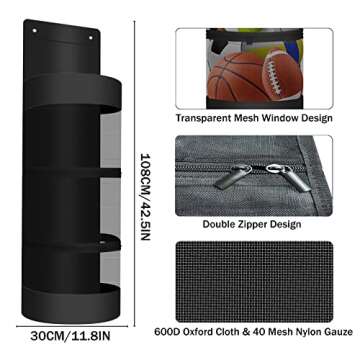 YAWMLYE Hanging Storage for Stuffed Animal - Kids Toy Storage Bag Organizer with Double Ziper Divider Extra - Large Storage Bedroom Organization (Black)