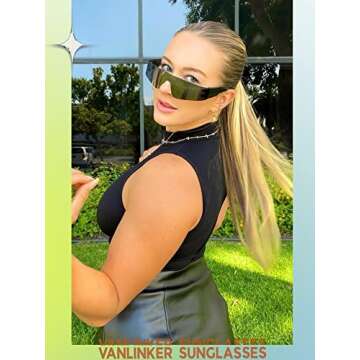 VANLINKER Futuristic Trendy Wrap Around Sunglasses for Women Men Fashion Rimless Cyberpunk Visor Rave Shield Y2k Shades VL9679 Black
