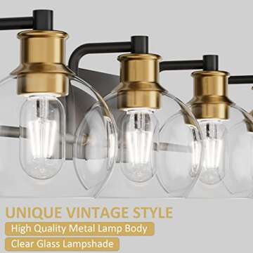 Tipace Industrial Bathroom Vanity Lighting Fixtures 4-Lights Vintage Black & Gold Finish with Globe Clear Glass Vanity Lights Farmhouse Bath Lighting(Exclude Bulb)